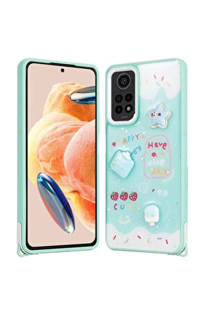 Xiaomi Redmi Note 12 Pro 4G Uyumlu Kılıf Parlayan Simli Kabartma Figürlü Zore Cevze Kapak Yeşil
