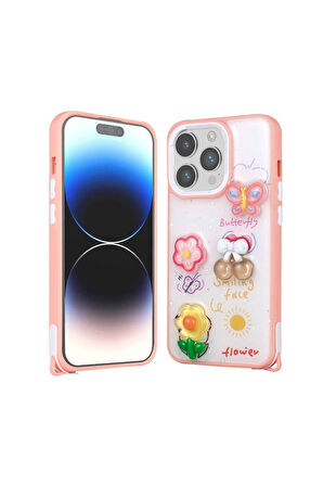 Apple iPhone 14 Pro Uyumlu Kılıf Parlayan Simli Kabartma Figürlü Zore Cevze Kapak Pembe