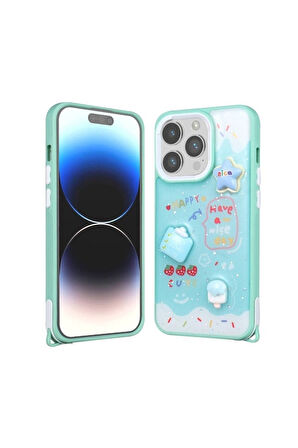 Apple iPhone 14 Pro Max Uyumlu Kılıf Parlayan Simli Kabartma Figürlü Zore Cevze Kapak Yeşil
