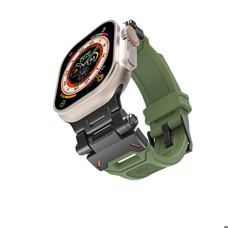 Apple Watch Ultra 49mm Uyumlu Kordon Metal Başlıklı Silikon Zore KRD-108 Kayış Siyah-Yeşil