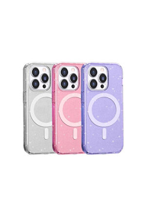 Apple iPhone 14 Pro Uyumlu Kılıf Magsafe Şarj Özellikli Parlayan Simli Saydam Renkli Zore Allstar Kapak Pembe