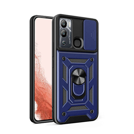 Infinix Hot 12 Uyumlui Kılıf Magnetik Standlı Kamera Korumalı Zore Sürgülü Vega Kapak Mavi
