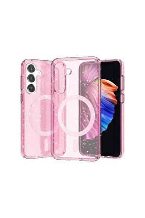 Samsung Galaxy S23 FE Uyumlu Kılıf Magsafe Şarj Özellikli Parlayan Simli Saydam Renkli Zore Allstar Kapak Pembe