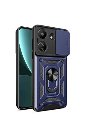Xiaomi Redmi 13C Uyumlu Kılıf Magnetik Standlı Kamera Korumalı Zore Sürgülü Vega Kapak Mavi