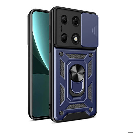Xiaomi Redmi Note 13 Pro 4G Uyumlu Kılıf Magnetik Standlı Kamera Korumalı Zore Sürgülü Vega Kapak Mavi