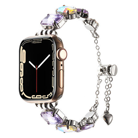 Apple Watch 40mm Uyumlu Kordon Metal Renkli Taşlı Bileklik Model Zore KRD-115 Kayış Lila