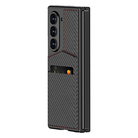 Samsung Galaxy Z Fold 6 Uyumlu Kılıf Karbon Fiber Kartlıklı Zore Kıpta Dik Açılan Kartlıklı Kapak