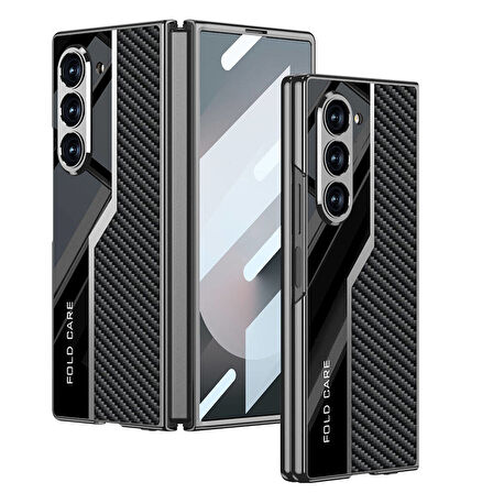 Samsung Galaxy Z Fold 6 Uyumlu Kılıf Ultra İnce Kamera Korumalı PC + Karbon Fiber Tasarımlı Arka Yüzey Zore Kıpta Poligan Kapak