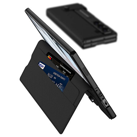 Samsung Galaxy Z Fold 6 Uyumlu Suni Deri Tasarımlı Kalem Bölmeli Zore Kıpta Kartlıklı Standlı Kapak
