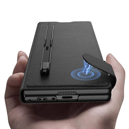Samsung Galaxy Z Fold 6 Uyumlu Suni Deri Tasarımlı Kalem Bölmeli Zore Kıpta Kartlıklı Standlı Kapak