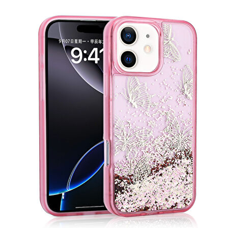 Apple iPhone 11 Uyumlu Kılıf Sıvılı Simli Kelebek Baskılı Şeffaf Arka Yüzey Zore Glis Silikon Kapak