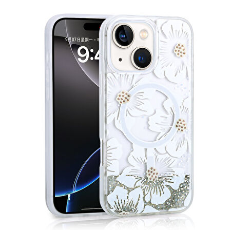 Apple iPhone 15 Uyumlu Kılıf Sıvılı Simli Baskılı Şeffaf Arka Yüzey Zore Mossa Silikon Kapak