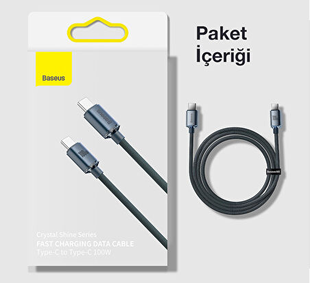 Baseus Crystal Shine 100W Type-C to Type-C 2m – MacBook, iPhone 15/16, Android, Telefon, Tablet ve Laptop Şarj Data Kablosu