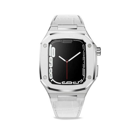 Apple Watch 44mm Uyumlu Kordon Deri Kordon Metal Kasa Korumalı Luxury KRD-67 Kayış