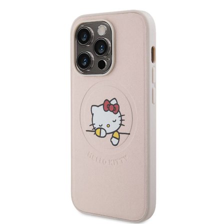 Apple iPhone 15 Pro Uyumlu Kılıf Hello Kitty Orjinal Lisanslı M-safe Şarj Özellikli Baskı Logolu Uyuyan Kitty Deri Kapak