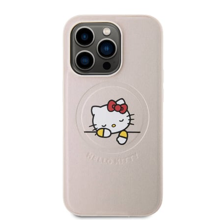 Apple iPhone 15 Pro Uyumlu Kılıf Hello Kitty Orjinal Lisanslı M-safe Şarj Özellikli Baskı Logolu Uyuyan Kitty Deri Kapak