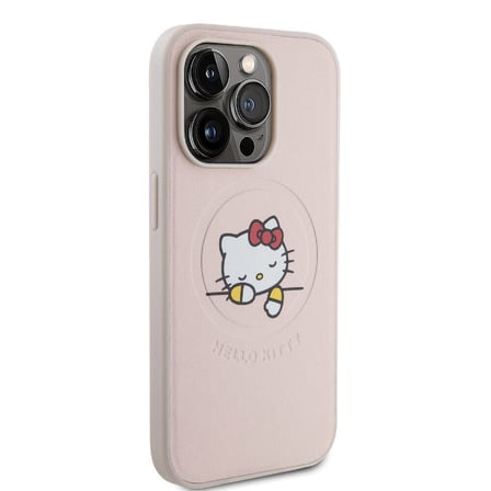 Apple iPhone 15 Pro Uyumlu Kılıf Hello Kitty Orjinal Lisanslı M-safe Şarj Özellikli Baskı Logolu Uyuyan Kitty Deri Kapak