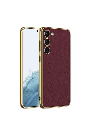 Samsung Galaxy S23 Uyumlu Kılıf Deri Görünümlü Kenarları Elektroplating Kaplama Zore Fizyon Kapak