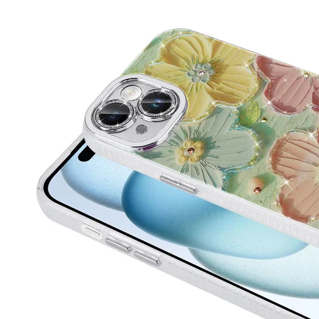 Apple iPhone 14 Uyumlu Kılıf Çiçek Desenli Parlak Taşlı Sert Silikon Zore Garden Kapak