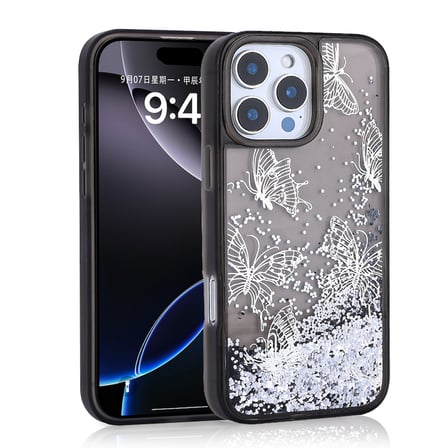 Apple iPhone 16 Pro Max Uyumlu Kılıf Sıvılı Simli Kelebek Baskılı Şeffaf Arka Yüzey Zore Glis Silikon Kapak