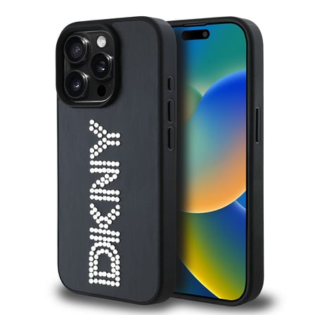 Apple iPhone 15 Pro Max Uyumlu Kılıf DKNY Orjinal Lisanslı Taşlı DKNY Yazılı Metalik Rhinestones PU Deri Kapak