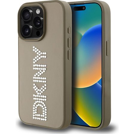 Apple iPhone 15 Pro Max Uyumlu Kılıf DKNY Orjinal Lisanslı Taşlı DKNY Yazılı Metalik Rhinestones PU Deri Kapak