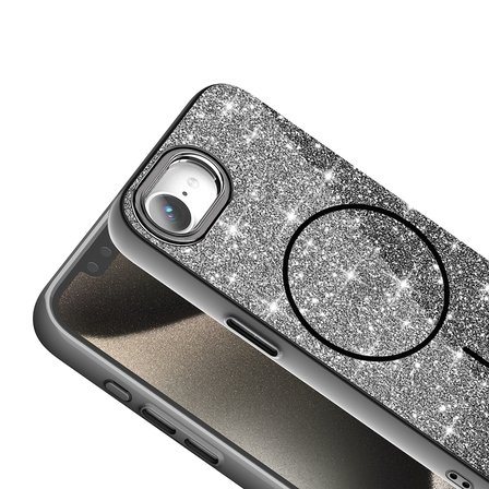 Apple iPhone 16E Uyumlu Kılıf M-safe Şarj Özellikli Parlayan Simli Zore Okso Kapak