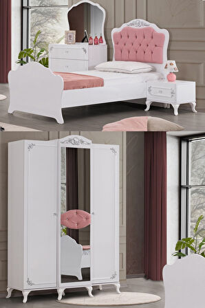 İnci Gümüş Genç Odası- 3 Kapılı Dolap, Karyola, Komodin, Şifonyer