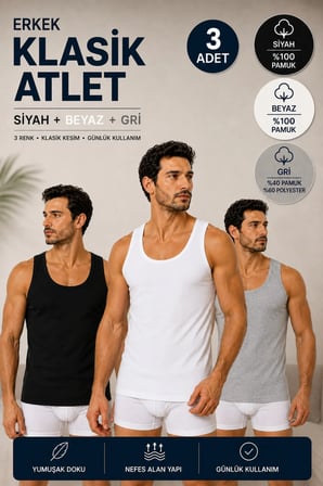 Erkek Penye Klasik Atlet 3’lü Paket (Seher Yetkili Satıcısı)-Siyah(%100 Pamuk) Beyaz(%100 Pamuk) Gri(%40 Pamuk %60 Polyester)