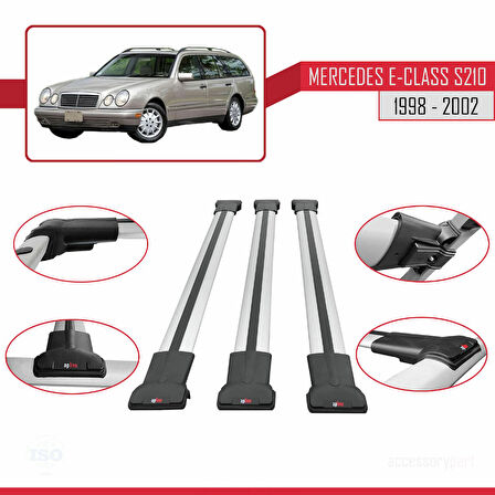 Mercedes E Class S210 Wagon 1998-2002 Arası ile Uyumlu FLY Model Ara Atkı Tavan Barı Gri 3 Adet