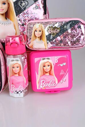 DEKOMUS LİSANSLI BARBIE GİZEMLİ PARILTILAR KOLEKSİYONU "COLLEGE" OKUL,BESLENME VE KALEM ÇANTASI,MATARA İLE BESLENME KABI OKUL SETİ