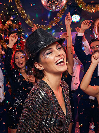 58 cm baş çevresi – Pullu Lüks Siyah Fötr Parti Şapkası