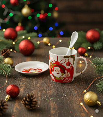 Noel Babalı Kupa Tabak Kaşık Seti – Kutulu Yılbaşına Özel Hediyelik Set