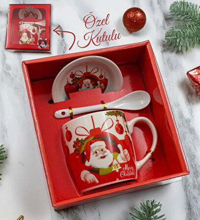 Noel Babalı Kupa Tabak Kaşık Seti – Kutulu Yılbaşına Özel Hediyelik Set