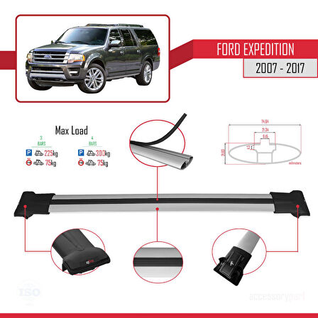 Ford Expedition 2007-2017 Arası ile Uyumlu FLY Model Ara Atkı Tavan Barı Gri 3 Adet