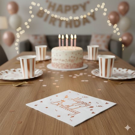 20'li Happy Birthday Peçete - Varaklı Beyaz Rose Gold Baskılı