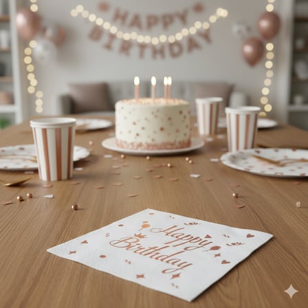 20'li Happy Birthday Peçete - Varaklı Beyaz Rose Gold Baskılı