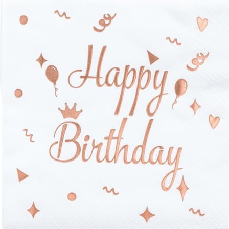20'li Happy Birthday Peçete - Varaklı Beyaz Rose Gold Baskılı