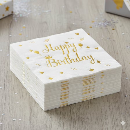 Varaklı Happy Birthday Beyaz Gold Baskılı Peçete 20'li Doğum Günü Parti Peçetesi