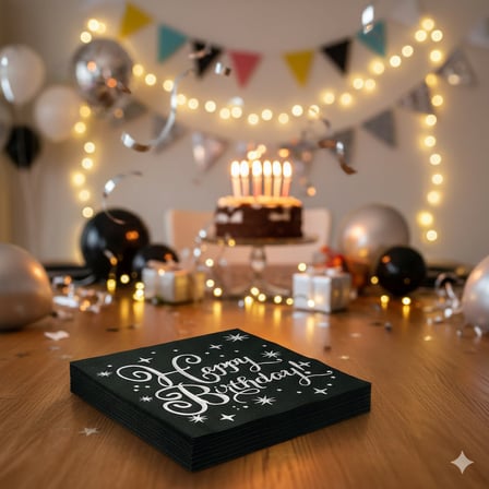 Varaklı Happy Birthday Yazılı Peçete - Siyah Zemin Gümüş Baskı 20'li