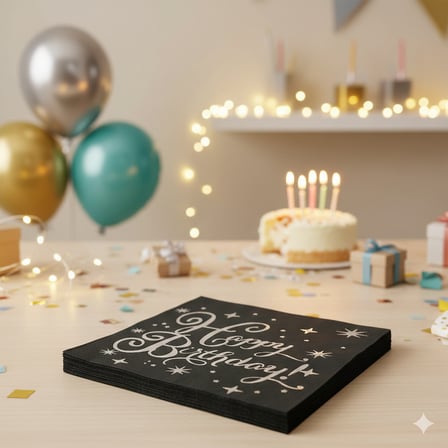 Varaklı Happy Birthday Yazılı Peçete - Siyah Zemin Gümüş Baskı 20'li