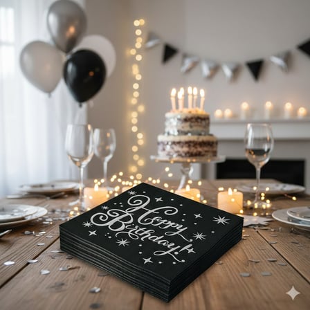 Varaklı Happy Birthday Yazılı Peçete - Siyah Zemin Gümüş Baskı 20'li