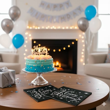 Varaklı Happy Birthday Yazılı Peçete - Siyah Zemin Gümüş Baskı 20'li