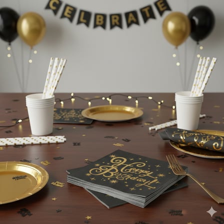 Varaklı Happy Birthday Yazılı Peçete - Siyah Zemin Gold Baskı 20'li
