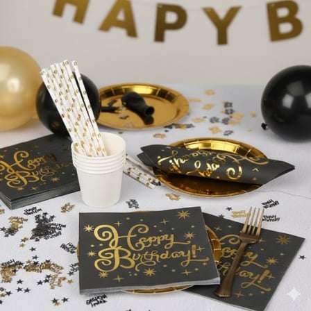 Varaklı Happy Birthday Yazılı Peçete - Siyah Zemin Gold Baskı 20'li