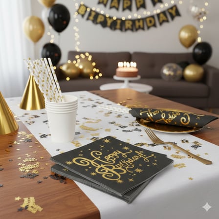 Varaklı Happy Birthday Yazılı Peçete - Siyah Zemin Gold Baskı 20'li