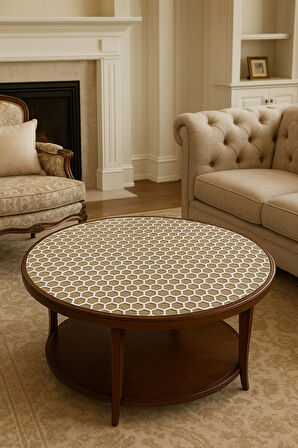 Yuvarlak Orta Sehpa Lüks Hasır PVC Şeffaf Petek Desen Masa Örtüsü – Silinebilir, Çeyizlik