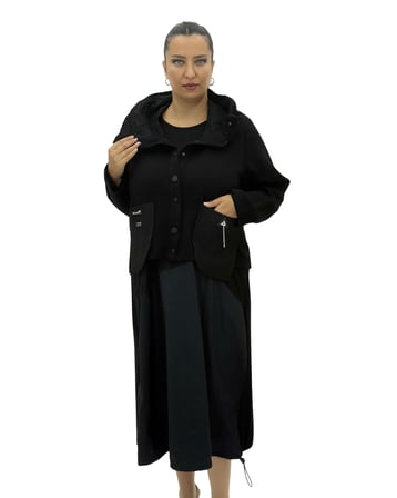 Büyük Beden Düğmeli Kısa Ceketli Uzun Elbiseli Oversize Kadın Takım