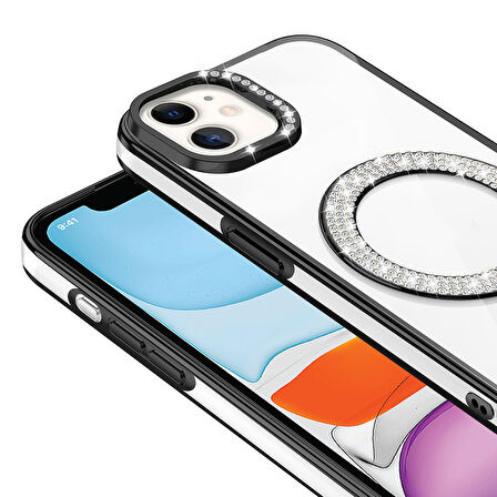 iPhone 11 Kılıf Pırlanta Taş Tasarımlı M-safe Şarj Özellikli Karetta Silikon Kapak
