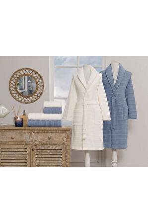 Özdilek Çizgili Kadife Bornoz Seti 6 Parça Krem-İndigo